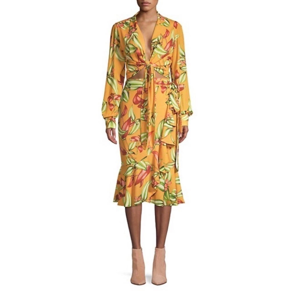 PatBo Zebrina Yellow Floral Print Wrap top and Skirt set Small